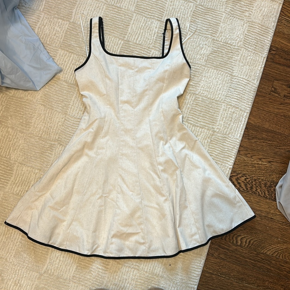 MABLE FIT AND FLARE LINEN DRESS WITH BLACK TRIM